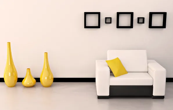 Картинка белый, желтый, яркий, дизайн, стиль, комната, диван, черный, интерьер, подушка, форма, квартира, вазы, рамки