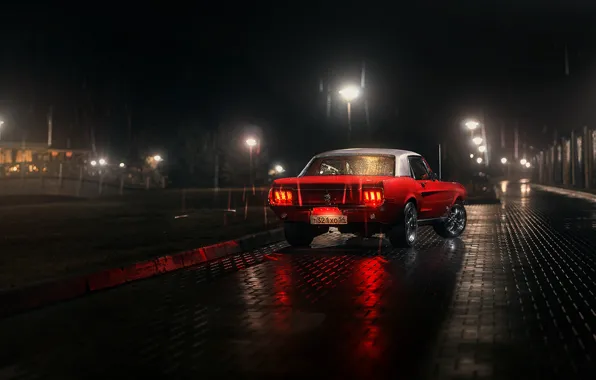 Картинка белый, красный, отражение, дождь, лампа, Mustang, Ford, сзади, парковка, 1967, задний, фонарные столбы