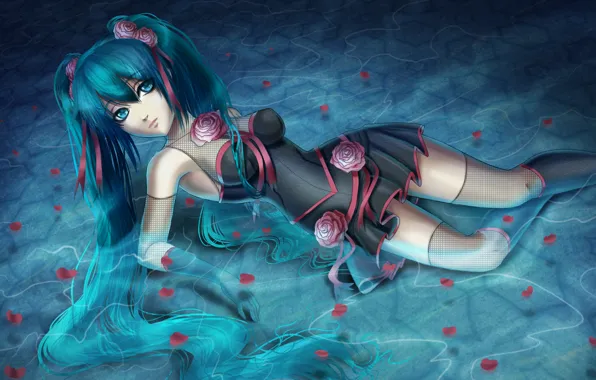 Картинка вода, девушка, цветы, розы, лепестки, арт, vocaloid, Hatsune Miku, лежа