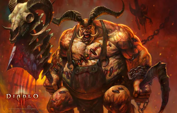 Картинка кровь, монстр, рога, топор, Diablo III, Blizzard Entertainment, демон., мясник, butcher, плоть