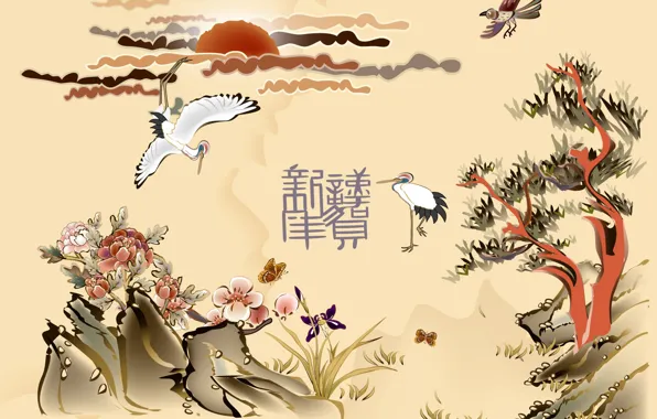 Картинка солнце, деревья, цветы, птицы, иероглифы, китайские мотивы