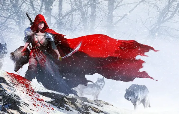 Картинка девушка, снег, оружие, кровь, меч, красная шапочка, голова, арт, волки, Red Riding Hood
