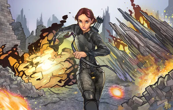 Картинка девушка, взрыв, лук, арт, руины, стрелы, лучник, hunger games, Katniss Everdeen