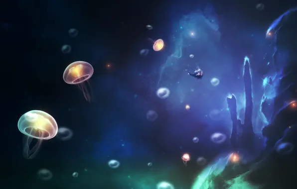 Картинка море, человек, маска, аквалангист, медузы, акваланг