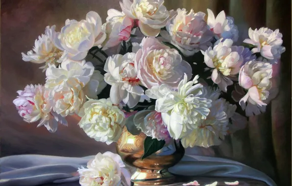 Картинка цветы, букет, картина, лепестки, ткань, ваза, белые, натюрморт, пионы, Zbigniew Kopania