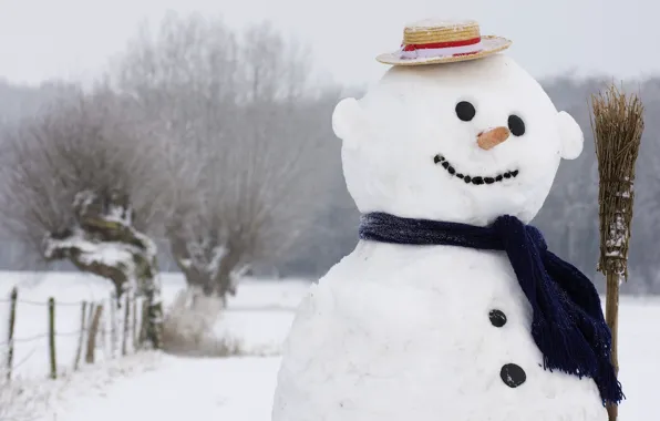 Картинка зима, улыбка, шарф, снеговик, шляпка, метла, 1920x1080