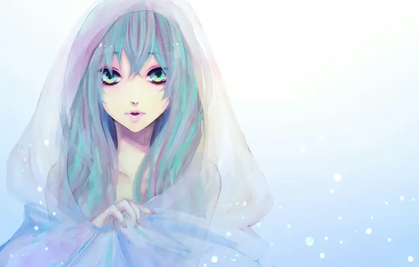 Картинка девушка, снег, лицо, рисунок, капюшон, vocaloid, hatsune miku, вокалоид, накидка