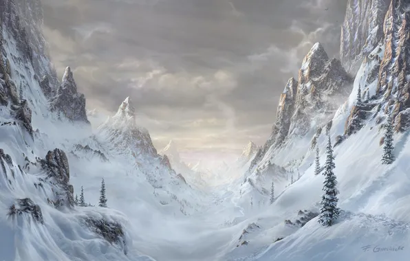 Картинка зима, лес, снег, деревья, пейзаж, горы, природа, скалы, ель, арт, Fel-X