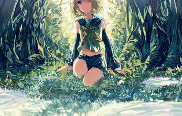 Картинка трава, девушка, аниме, слезы, арт, vocaloid, kagamine rin
