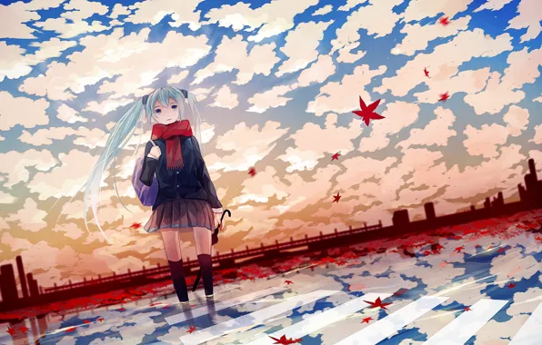 Картинка осень, зонтик, аниме, девочка, листочки, вокалоид, anime, мику, vokaloid