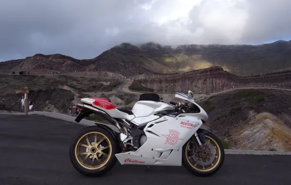 Картинка белый, небо, облака, горы, мотоцикл, white, bike, MV Agusta, мв агуста, supersport