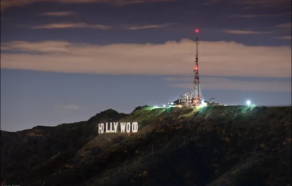 Картинка Hollywood, sign, night