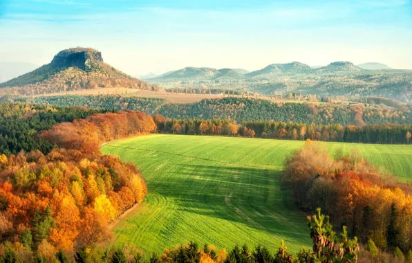 Картинка осень, листья, деревья, пейзаж, природа, холмы, желтые, Германия, оранжевые, Саксонская Швейцария, Elbsandsteingebirge, Sächsische Schweiz, Эльбские …