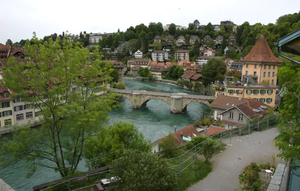 Картинка небо, деревья, мост, река, дома, Switzerland, Берн, Bern