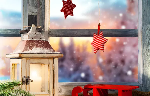 Картинка зима, снег, елка, звёзды, окно, фонарь, Новый год, Christmas, санки, winter, snow, lamp