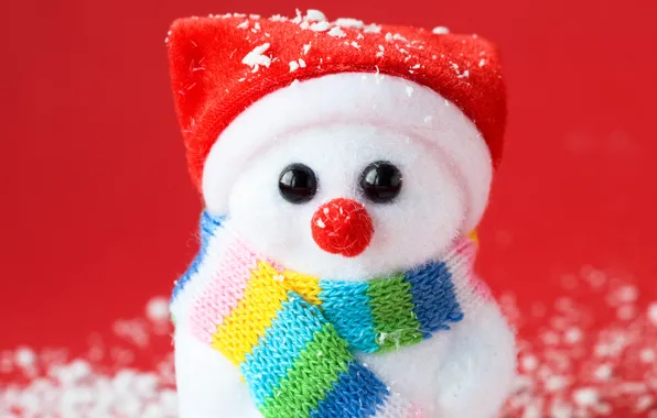 Картинка снеговик, шарфик, красный фон, колпак, сувенир, искусственный снег
