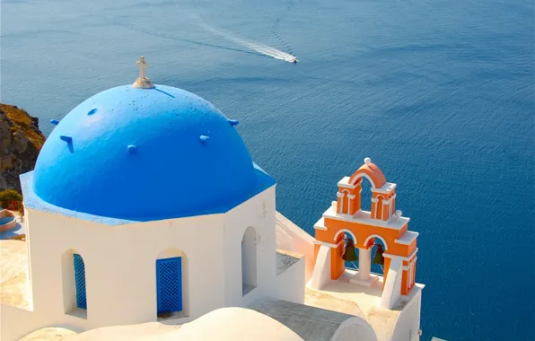 Картинка Санторини, Греция, церковь, купол, водная гладь, колокола, Santorini, Oia, Greece, Эгейское море