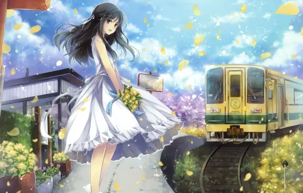 Картинка девушка, радость, цветы, улыбка, поезд, букет, лепестки, платье, длинные волосы, long hair, anime, art, hagiwara …