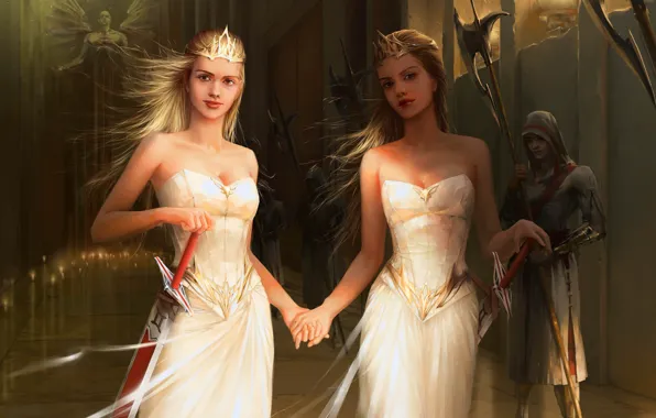 Картинка Девушки, свечи, статуя, мечи, короны, платья