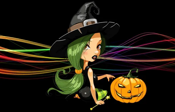 Картинка линии, шляпа, тыква, ведьма, черный фон, сидит, зеленые волосы, Happy Halloween, witch, светильник джека