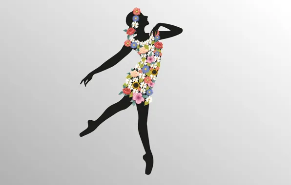 Картинка девушка, цветы, рисунок, танец, вектор, силуэт, грация, балерина