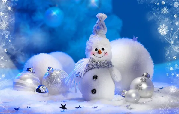 Картинка зима, шарики, снежинки, праздник, игрушки, елка, новый год, снеговик