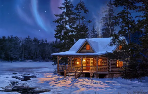 Картинка зима, лес, вода, звезды, свет, снег, ночь, дом, сияние, ручей, деревянный, живопись, бревенчатый, Darrell Bush, …