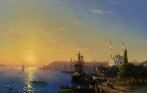Картинка море, небо, свет, деревья, пейзаж, город, люди, здания, пристань, корабли, картина, лодки, порт, мечеть, архитектура, …