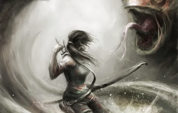Картинка девушка, оружие, монстр, лук, арт, Tomb Raider, стрелы, Lara Croft