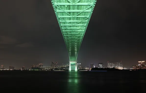 Картинка мост, город, огни, Япония, Токио, залив, Tokyo, Japan, Rainbow Bridge
