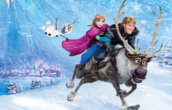 Картинка снег, снежинки, город, лёд, олень, снеговик, Frozen, принцесса, королевство, Анна, Anna, Walt Disney, анимация, Уолт …