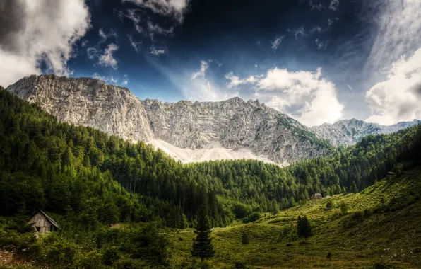 Картинка лес, небо, облака, деревья, горы, Австрия, деревянный, домик, синее, Austria