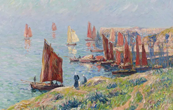 Картинка море, небо, пейзаж, люди, скалы, картина, лодки, парус, Henri Moret, Returning of the Boats