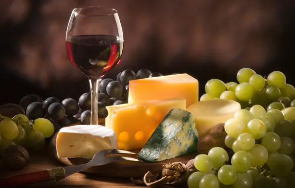 Картинка вино, красное, сыр, виноград, орехи, разный, сорта