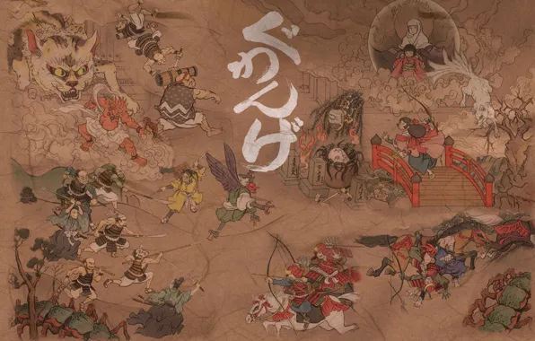 Картинка мост, бумага, оружие, фон, люди, рисунок, кони, дух, иероглифы, битва, живопись, демоны, самураи
