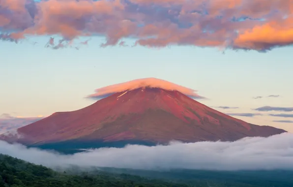 Картинка лето, небо, облака, гора, утро, Япония, восход солнца, Фудзияма, Август, стратовулкан, 富士山, остров Хонсю