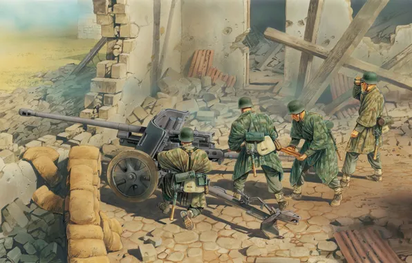 Картинка война, рисунок, арт, пушка, WW2, немецкая, позиции, противотанковая, артиллеристы, ПАК-38, огневой