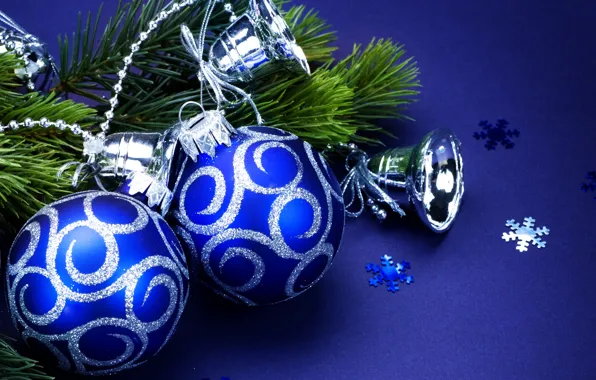 Картинка снежинки, шары, игрушки, елка, ветка, блестки, Новый Год, Рождество, колокольчики, Christmas, синие, синий фон, New …