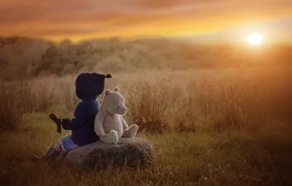 Картинка осень, закат, камень, игрушка, мальчик, медведь, ребёнок, плюшевый мишка