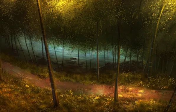 Картинка лес, трава, деревья, река, бамбук, арт, дорожка, тропинка