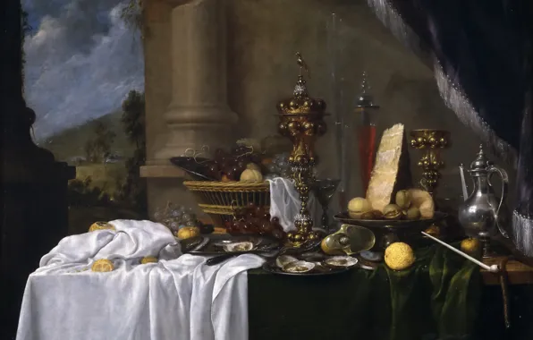 Картинка корзина, еда, картина, ваза, кувшин, фрукты, натюрморт, устрицы, Андрис Бенедетти, Стол с Десертом