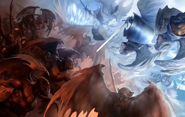 Картинка оружие, добро, крылья, меч, ангелы, арт, зло, битва, демоны, sakimichan