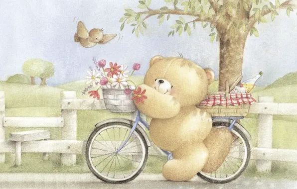 Картинка лето, цветы, велосипед, настроение, арт, мишка, прогулка, букетик, детская, Forever Friends Deckchair bear