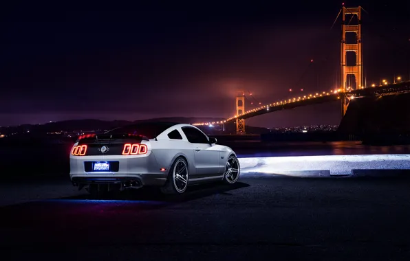 Картинка Mustang, Ford, Muscle, Car, Bridge, White, Collection, Aristo, Rear, Nigth