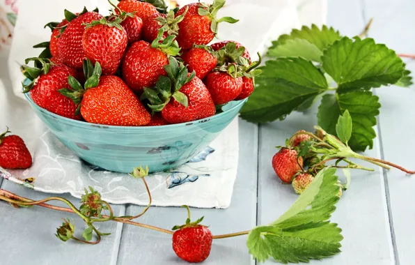 Картинка листья, ягоды, клубника, красные, миска, fresh, спелая, strawberry, berries