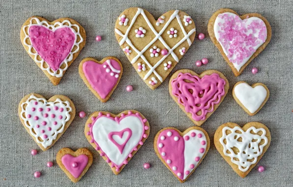 Картинка праздник, печенье, сердечки, love, pink, выпечка, hearts, valentines, глазурь, cookies, валентинки, glaze