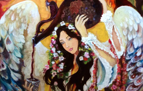 Картинка взгляд, девушка, цветы, лицо, волосы, крылья, ангел, руки, живопись