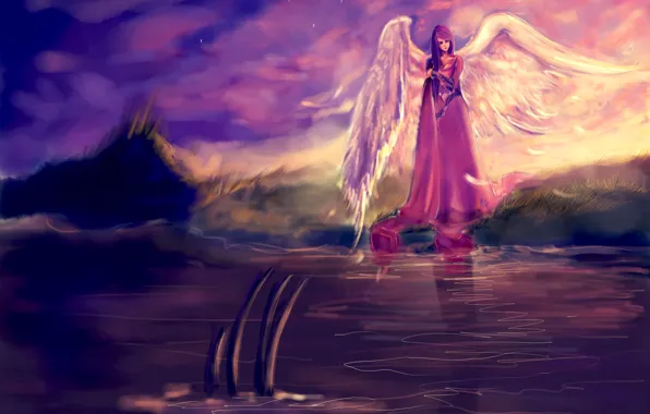 Картинка небо, взгляд, вода, лицо, отражение, фантастика, волосы, крылья, ангел, арт, красное платье