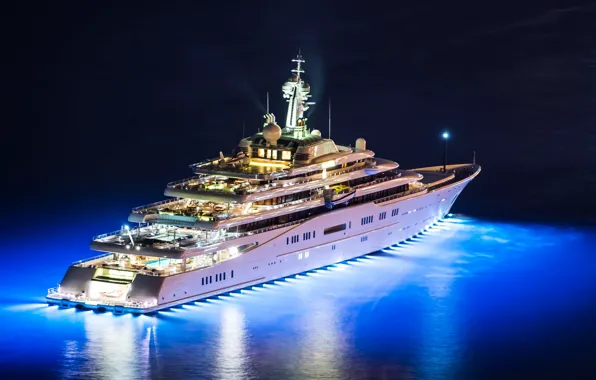 Картинка ночь, огни, вертолет, Eclipse, night, yachts, Eclips, супер яхта, mega yacht, яхта., мега яхта мега …