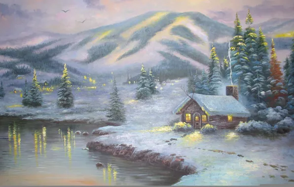 Картинка зима, снег, пейзаж, огни, озеро, зимний, гора, ель, картина, вечер, домики, ёлка, живопись, Thomas Kinkade, …